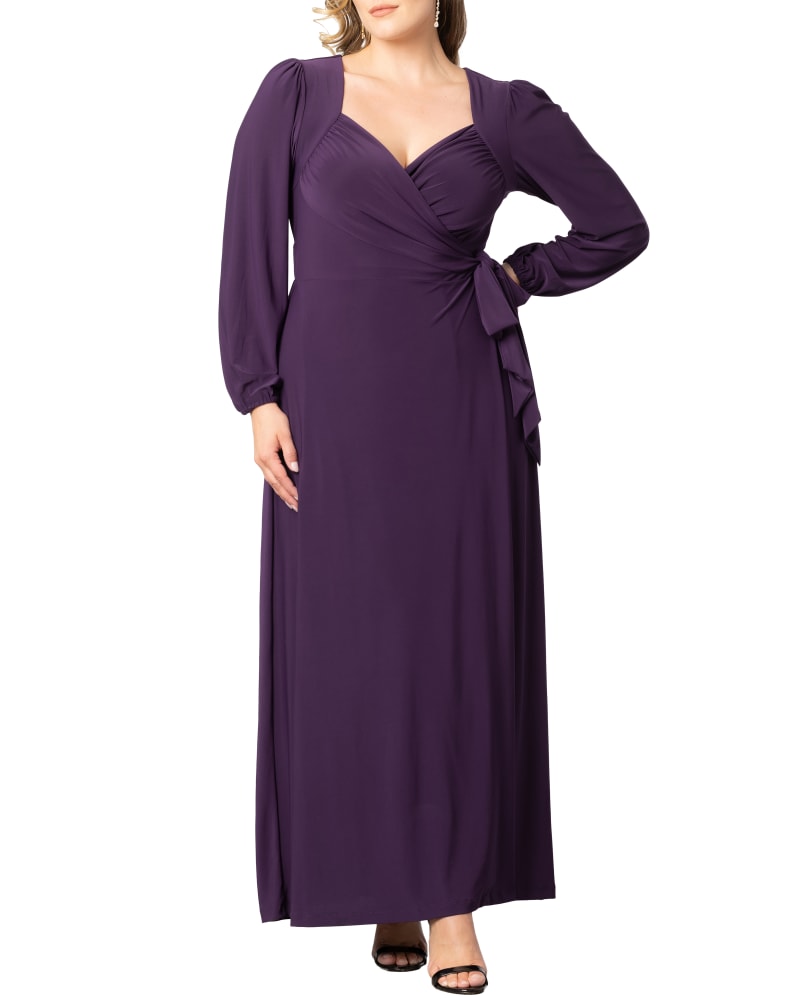 Front of a model wearing a size 0X Modern Muse Wrap Gown in IMPERIAL PLUM by Kiyonna. | dia_product_style_image_id:316290
